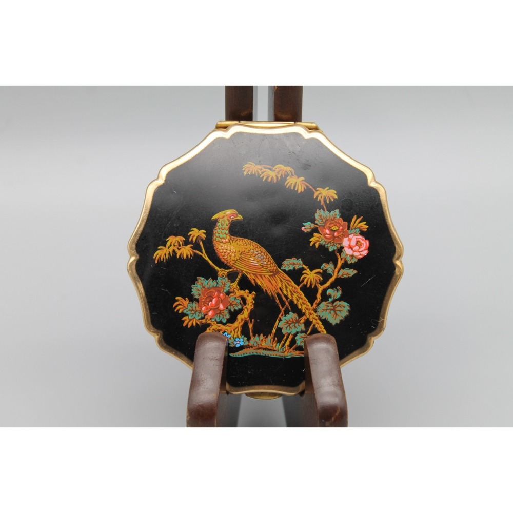 Vintage Stratton England Powder Compact Black Pheasant Bird Floral Gold Tone